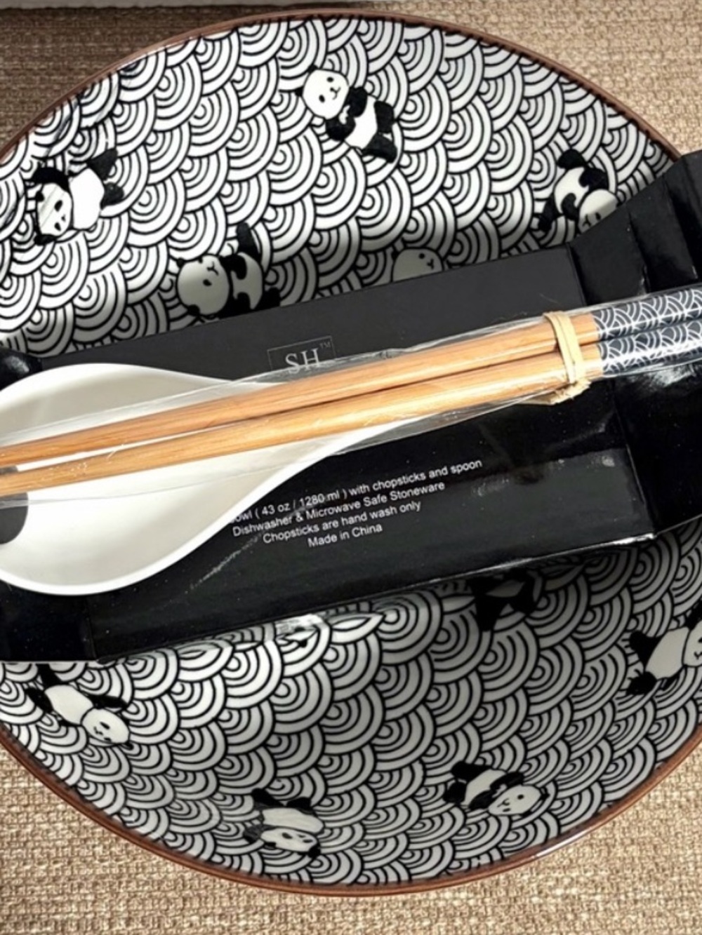 XL ADORABLE PANDA NOODLE BOWL x3 Piece SET - Black & White +Chopsticks and Spoon